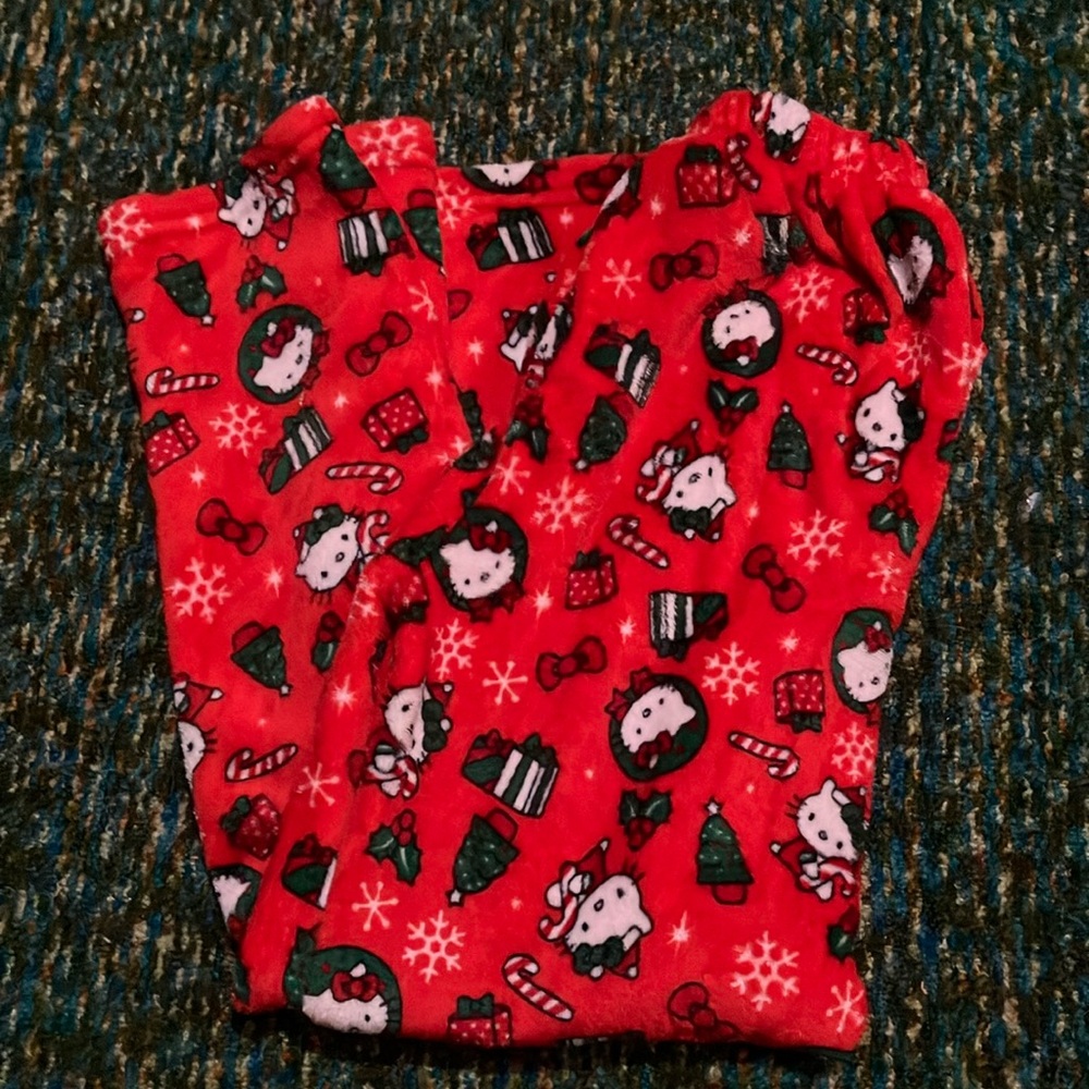 Festive Red Pajama Bottoms with hello kitty Christmas pattern